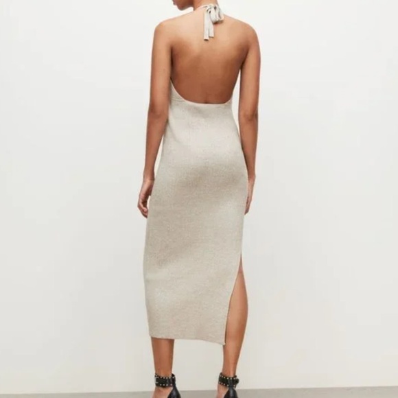 All Saints Lexi Halter-neck Ribbed Knit Dress Beige Metallic Bodycon Large NWOT - Picture 2 of 14
